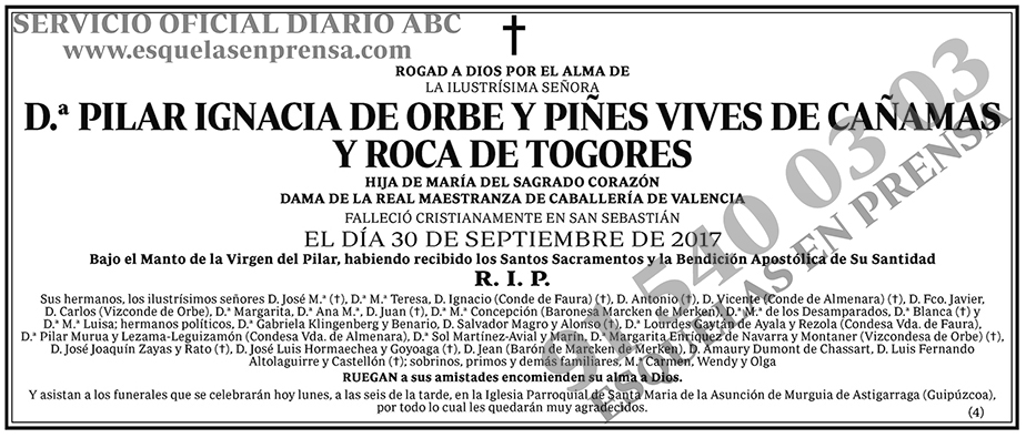 Pilar Ignacia de Orbe y Piñes Vives de Cañamas y Roca de Togores